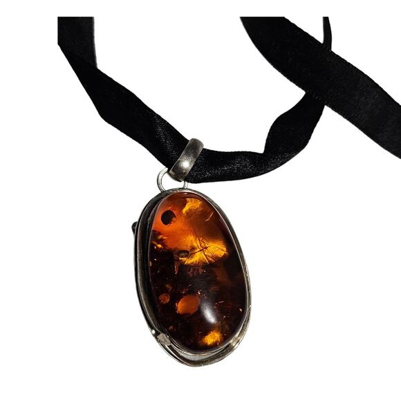 Honey Amber .925 Silver Large Wrapped Pendant Black Ribbon Necklace - Picture 4 of 6